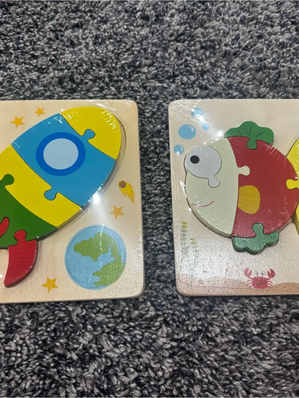 Wooden Rocket and Fish Puzzle Set - Colorful Kids Toy